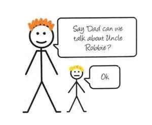 Social story for supporting a child with autism-image six A stick man image of an adult and a child. The adult says, "Say 'Dad can we atlk about Uncle Robbie?'". The child replies, "ok".
