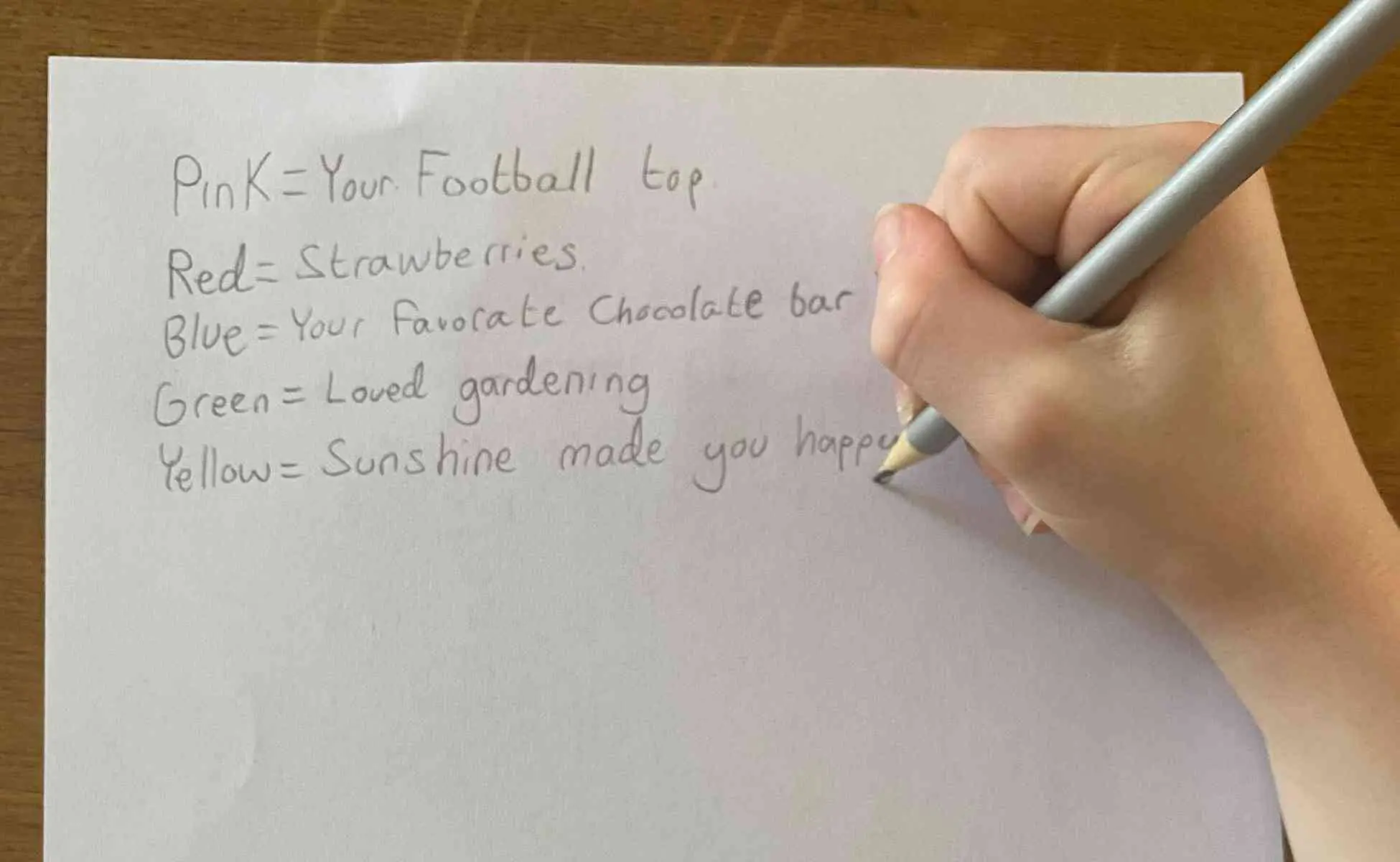 Window Art activity step 3 - Winston's Wish Child's hand writing: Pink = your football top, red = strawberries, blue = your favourite chocolate bar, green = loved gardening, yellow = sunshine made you happy - step 3 of window art activity