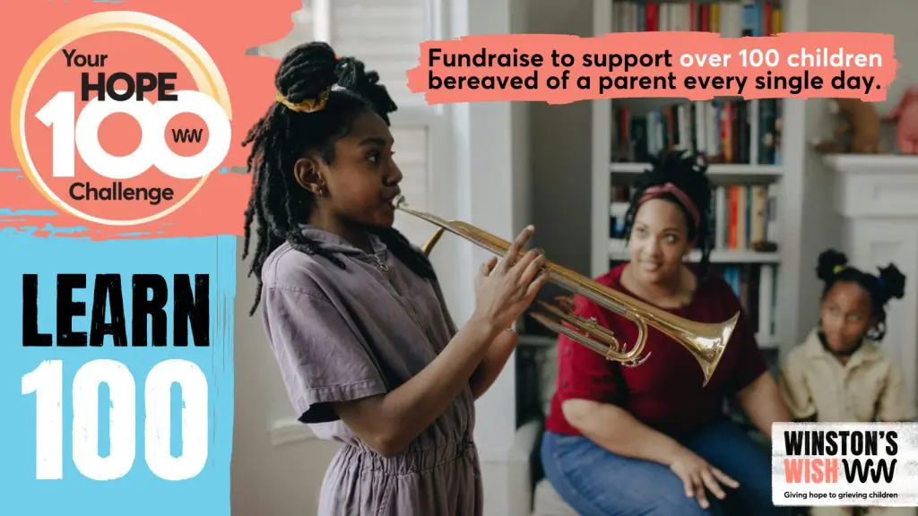 Learn Hope 100 Ask - 1 Hope 100 - learn ask, featuring a young girl trying to play the trombone