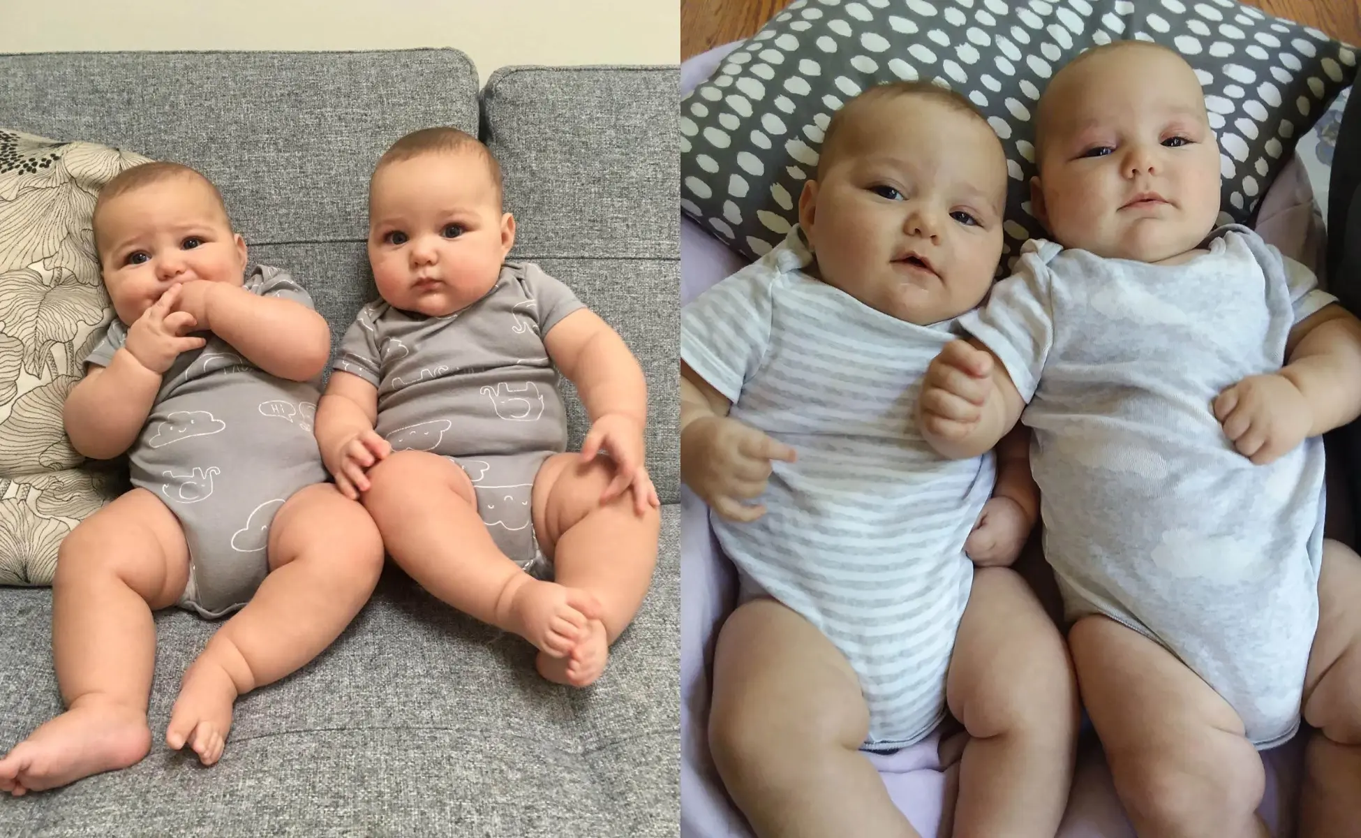 Remembering-Rocco-2 Two photos of Baby Rocco with twin, Winston, lying side by side in coordinated baby grow outfits.