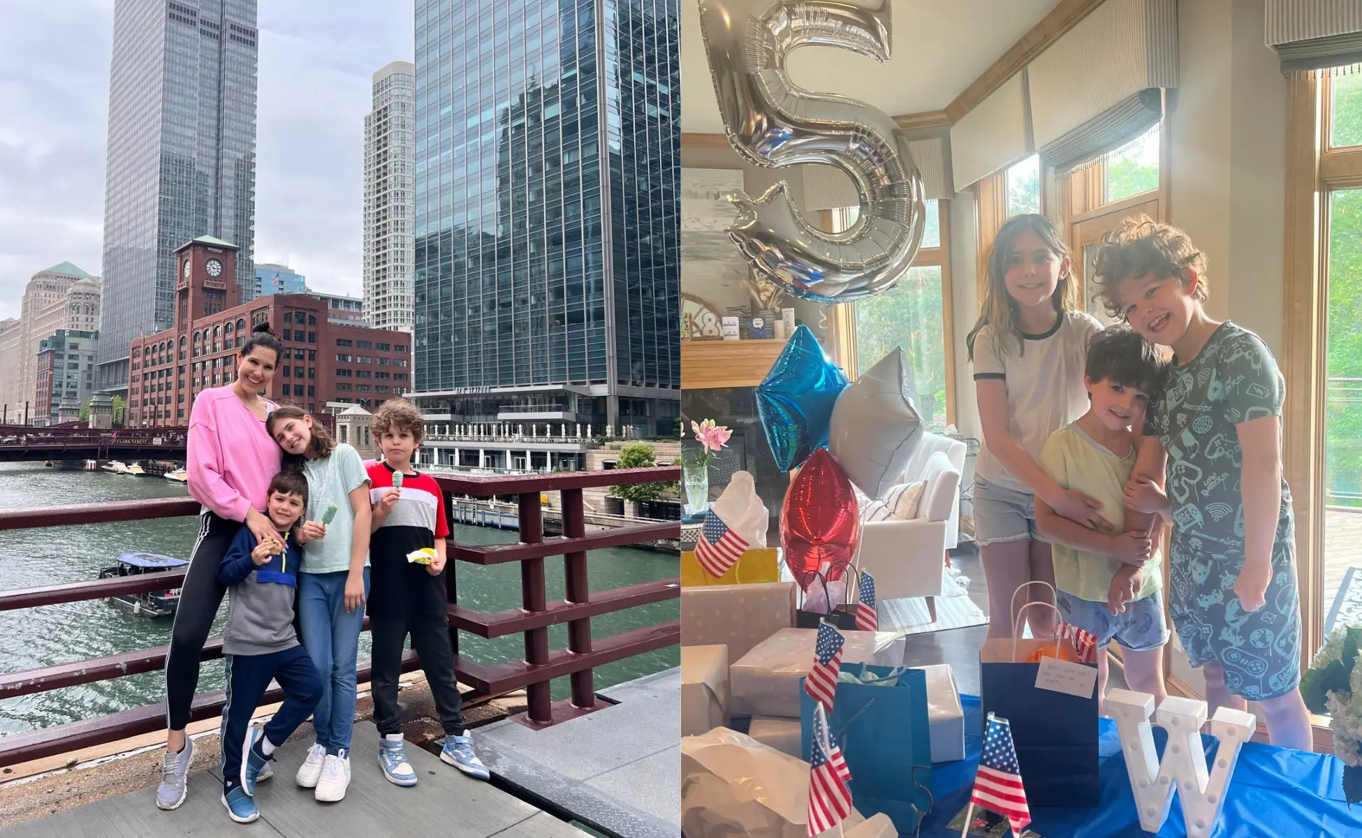 Remembering-Rocco-3 Two photos. Left: Samya, mum, with Winston, Otis, and Mila in front of cityscape. Right: Winston's 5th birthday. Photo of Winston with Otis and Mila and a silver foil '5' balloon.