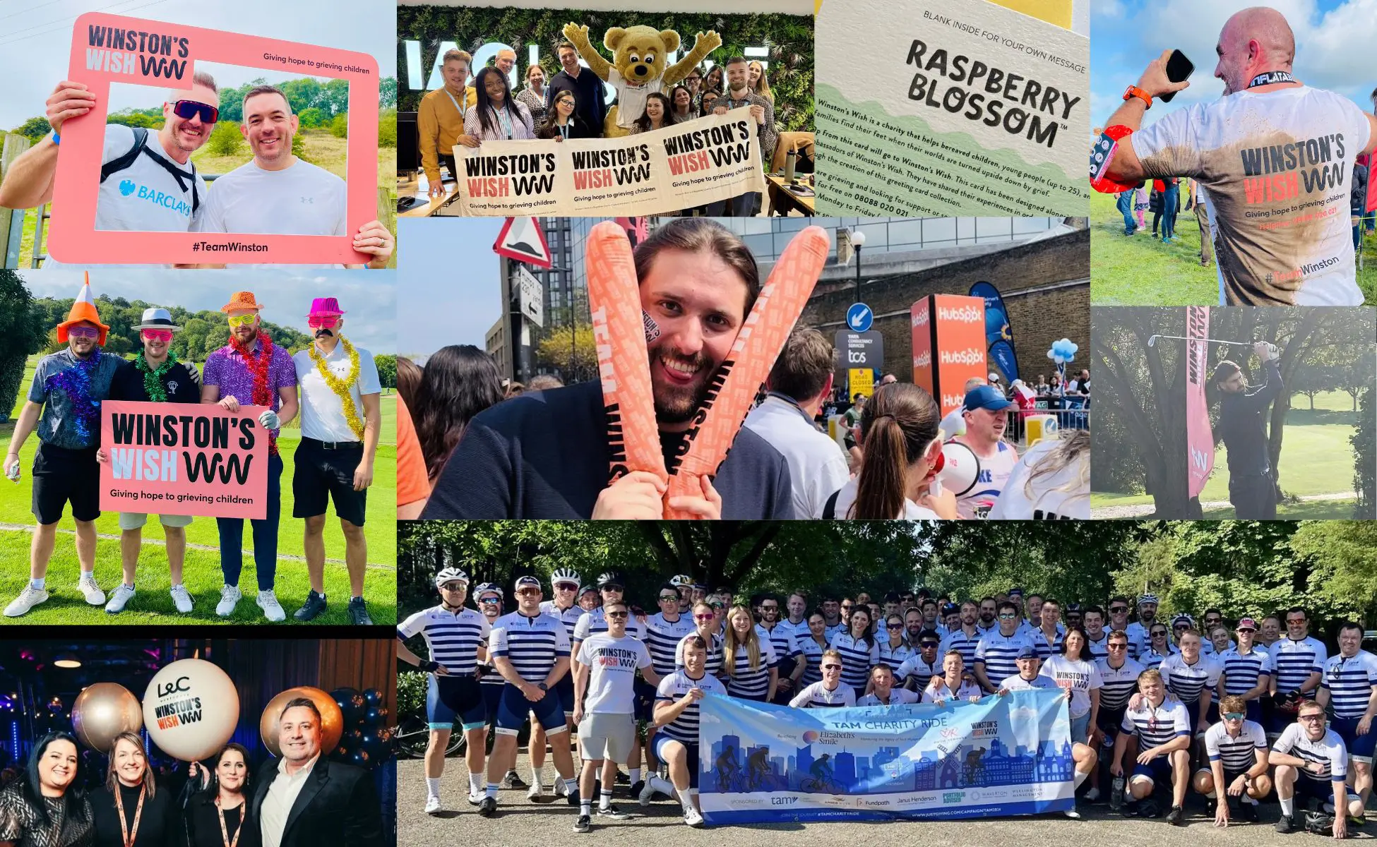 Collage of corporate supporters at events, cheering supporters, hosting parties