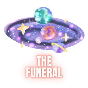 06 The Funeral A galaxy surrounded by planets and stars with the title: The Funeral