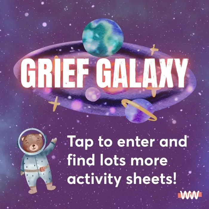 A galaxy surrounded by planets and stars with Winston Bear with text that reads: Tap to enter and find lots more activity sheets!