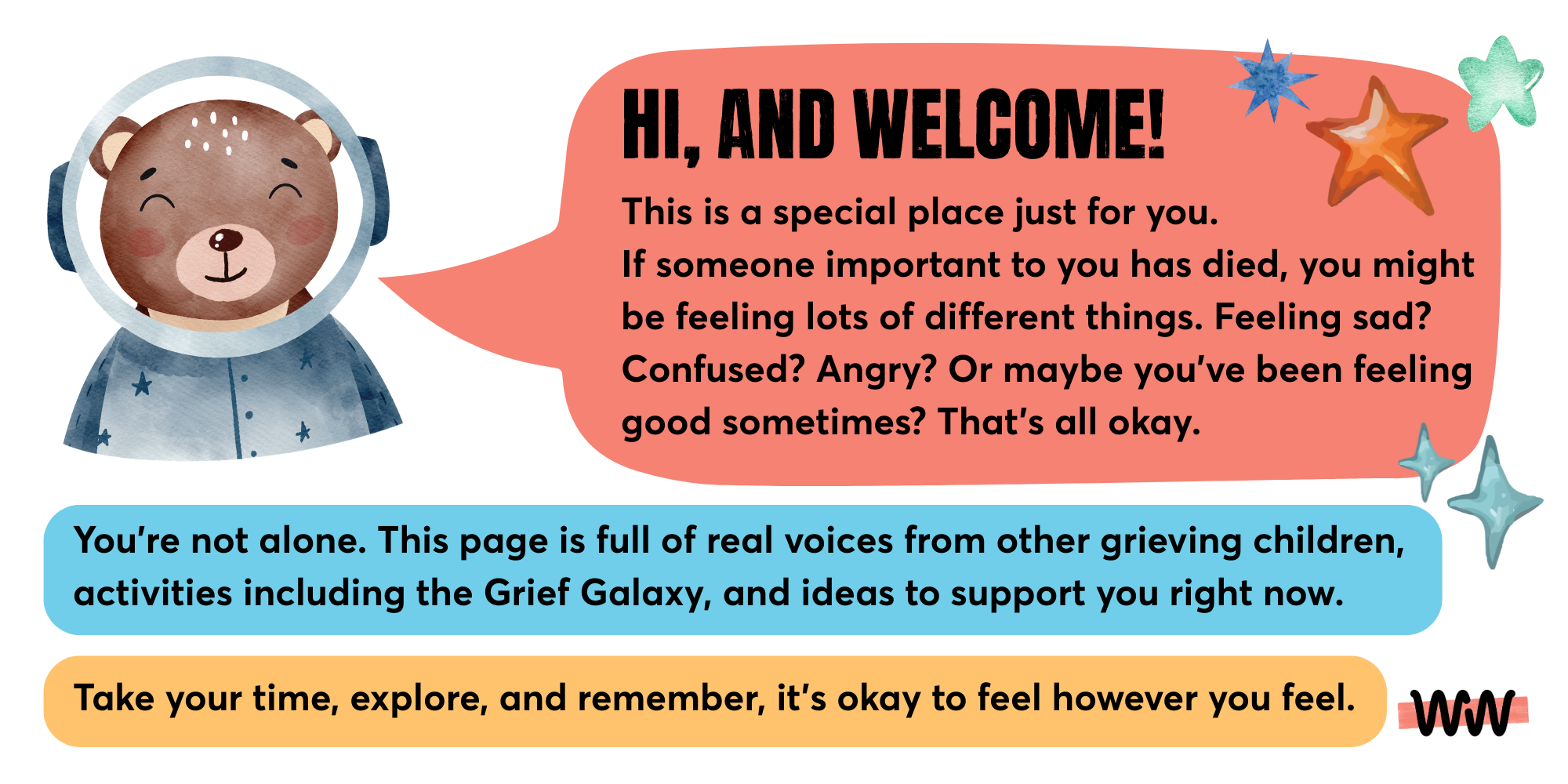 Kids-Grief-Introduction-Transparent Winston bear icon with text that reads: Hi, and welcome! This is a special place just for you. If someone important to you has died, you might be feeling lots of different things. Feeling sad? Confused? Angry? Or maybe you've been feeling good sometimes? That's all okay. You're not alone. This page is full of real voices from other grieving children, activities including the Grief Galaxy, and ideas to support you right now. Take your time, explore, and remember, it's okay to feel however you feel.