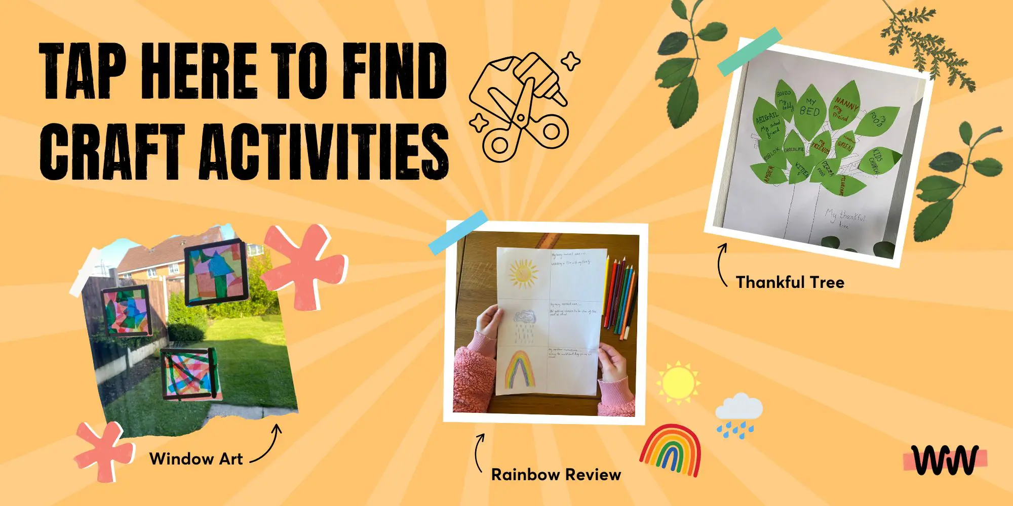 Make and Talk grief activities for children 12 and under. Text reads: tap here to find craft activities