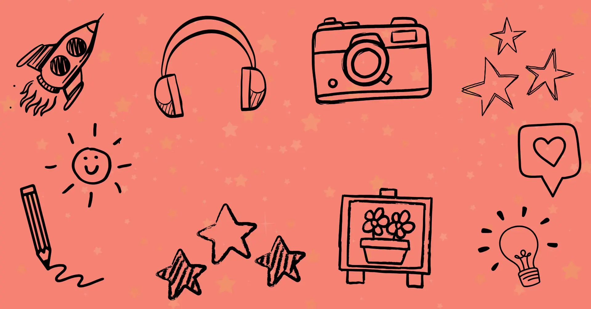 Grief Kids header featuring a coral starry background with black icons for rockets, headphones, camera, painting and pencil