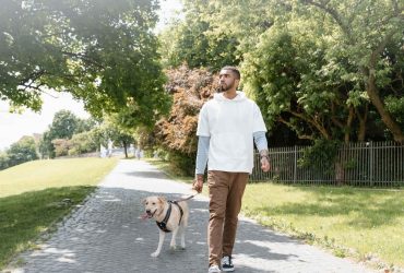 WAY stress awareness month Man and dog walking in a park