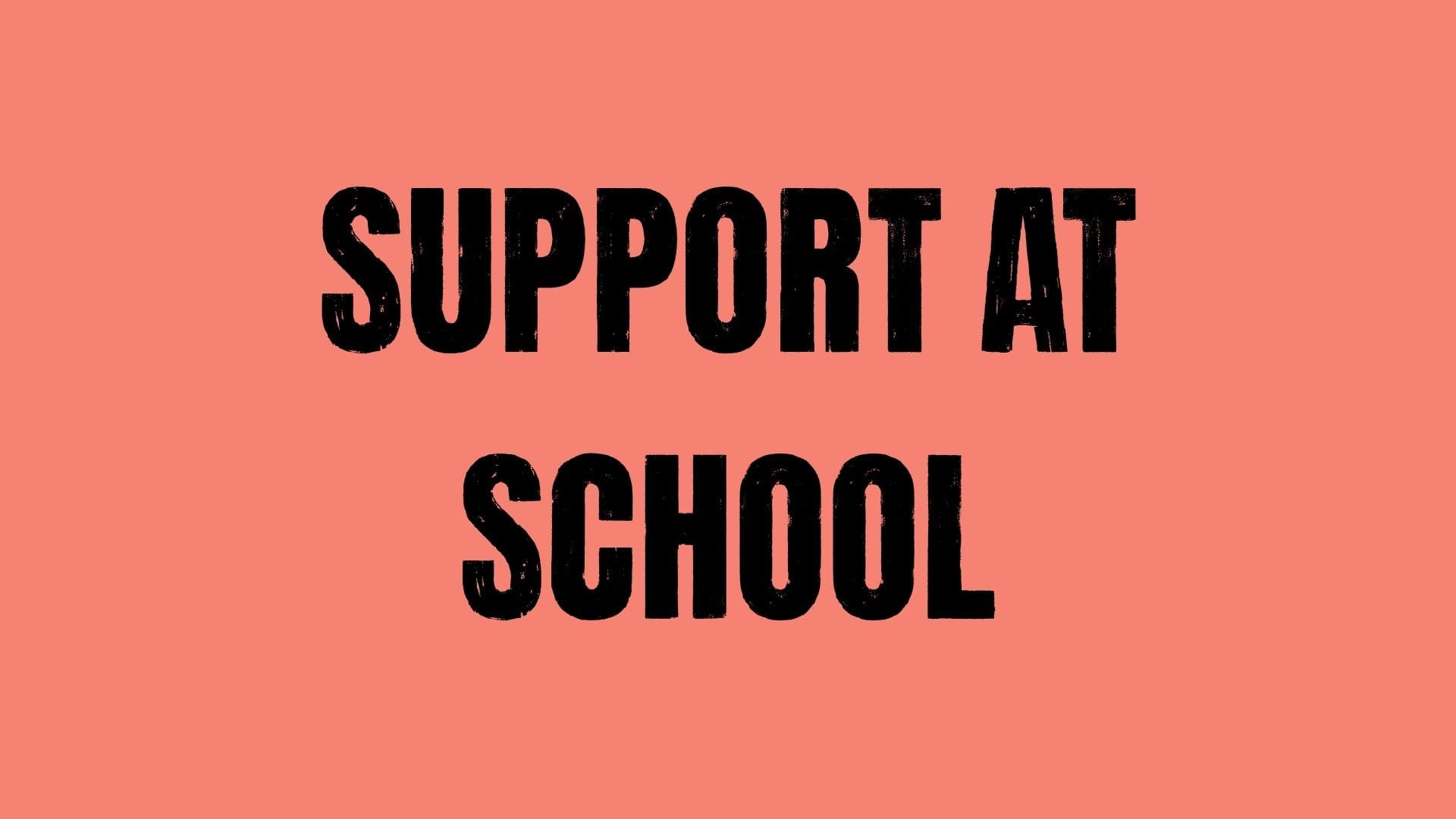 Support at school written on a coral background